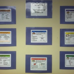 Common-Core-based standards hang on the wall of master math teacher Beth Moore's classroom at Walker Elementary in Northport, Ala. Schools across the state are using the math standards, and the language arts standards go into effect this fall. Walker has enthusiastically embraced the Common Core. Photo by Dan Carsen.